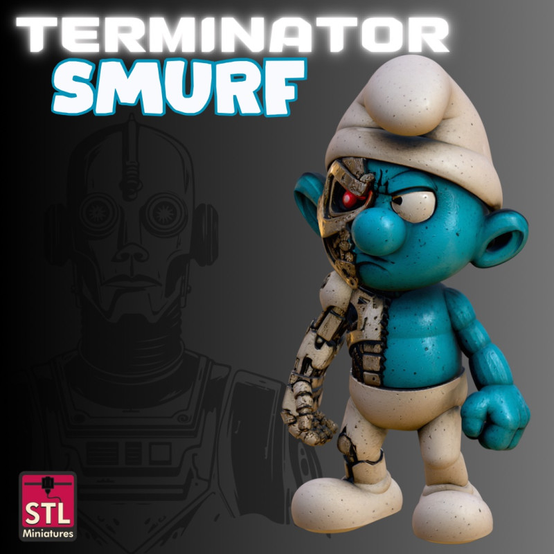STL File Chibi Terminator Smurf 3D Printable Futuristic Warrior Miniature Modelo de Impressão 3D .c4d .max .obj .3ds .fbx .stl .blend