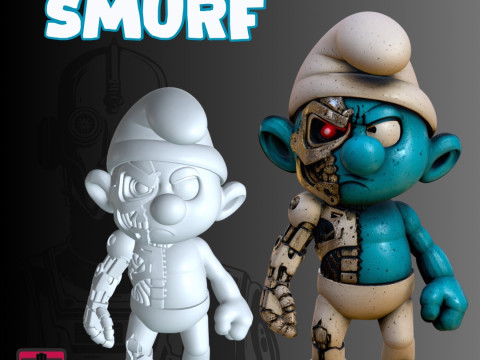 STL File Chibi Terminator Smurf 3D Printable Futuristic Warrior Miniature Modelo de Impressão 3D