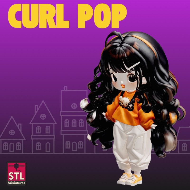CurlPop STL File Anime Doll Long Curly Hair Chibi Girl Collectible 3D 打印模型 .c4d .max .obj .3ds .fbx .stl .blend