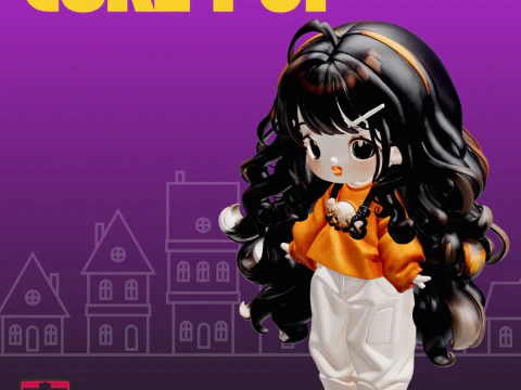 CurlPop File STL Anime Doll Capelli ricci lunghi Chibi Girl da collezione Modello di stampa 3D