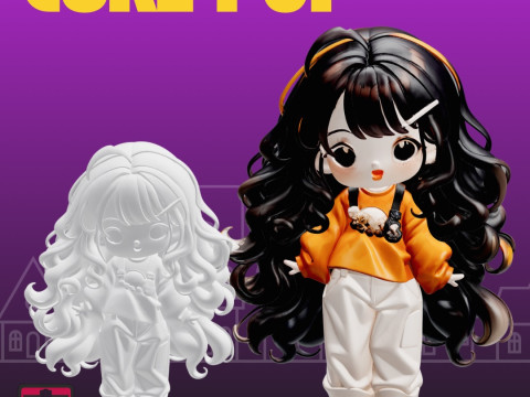 CurlPop STL File Anime Doll Long Curly Hair Chibi Girl Collectible 3D 打印模型