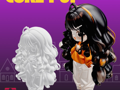CurlPop STL File Anime Doll Long Curly Hair Chibi Girl Collectible 3D 打印模型