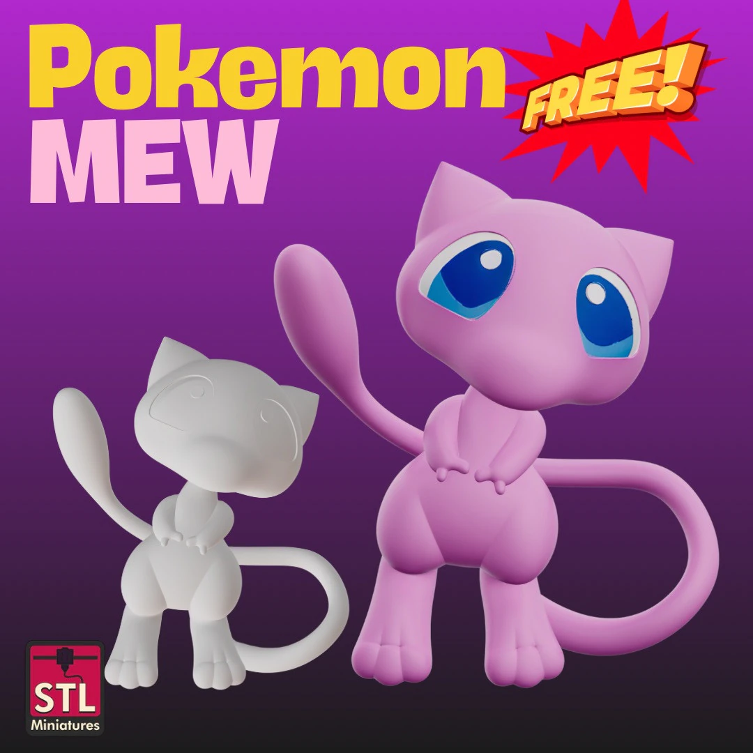 Free Gift STL File Mew Chibi Figure Pokemon-Inspired Collectible 3D Print Model .c4d .max .obj .3ds .fbx .stl .blend