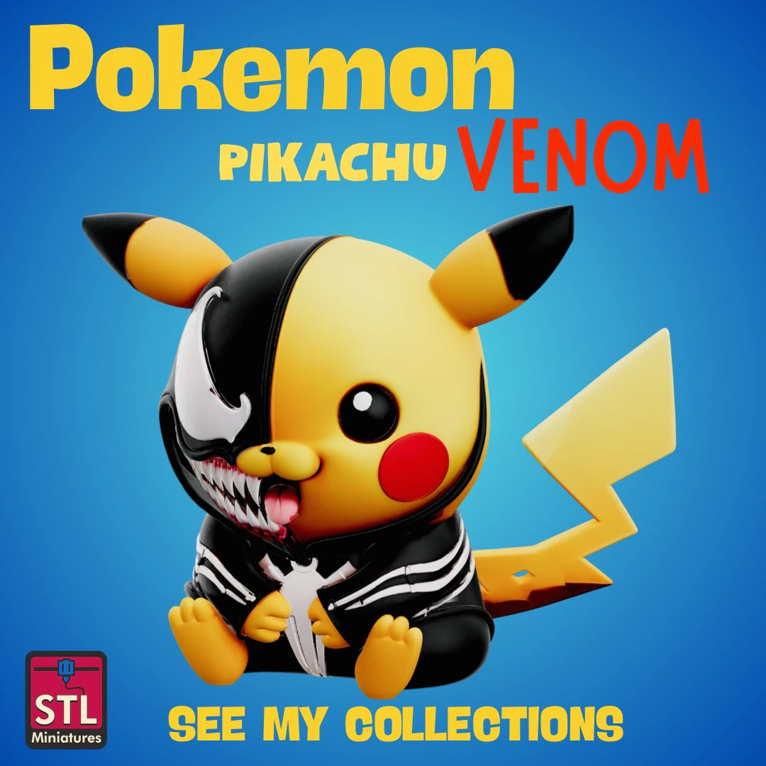 Venomchu STL File Pikachu x Venom Crossover Dark Chibi Collectible 3D Print Model .c4d .max .obj .3ds .fbx .stl .blend 