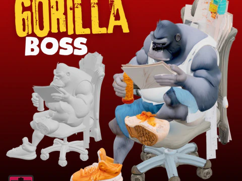 Office Boss Gorilla STL File Chibi-Style Desk King Fun Collectible Model 3D Print Model