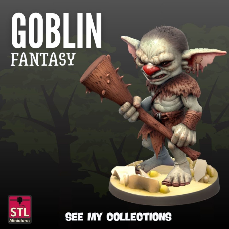 Savage Goblin STL File for 3D Printing Fierce Warrior with Club and Display Base Modello di stampa 3D .c4d .max .obj .3ds .fbx .stl .blend 