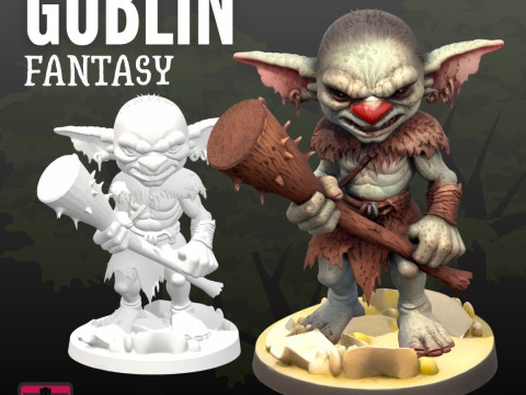 Savage Goblin STL File for 3D Printing Fierce Warrior with Club and Display Base Modello di stampa 3D