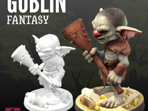 Savage Goblin STL File for 3D Printing Fierce Warrior with Club and Display Base Modello di stampa 3D