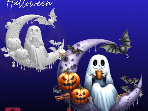 Ghost on the Crescent Moon Halloween Pendant STL 3D 打印模型