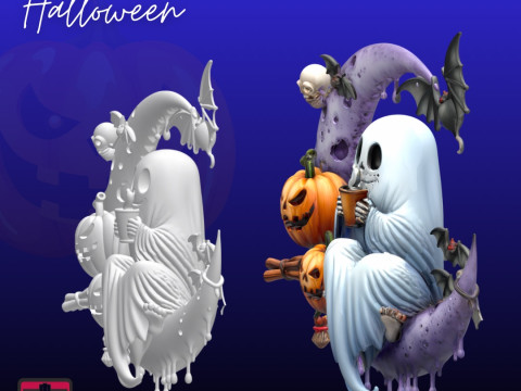 Ghost on the Crescent Moon Halloween Pendant STL 3D 打印模型