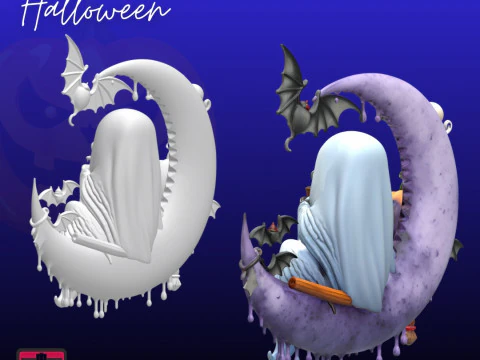 Ghost on the Crescent Moon Halloween Pendant STL 3D Print Model