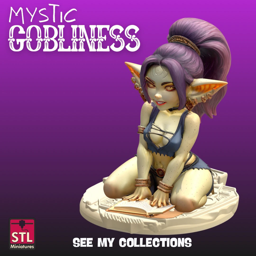Mystic Gobliness STL File Seated Female Goblin with Spellbook Fantasy 3D Print Model .c4d .max .obj .3ds .fbx .stl .blend 