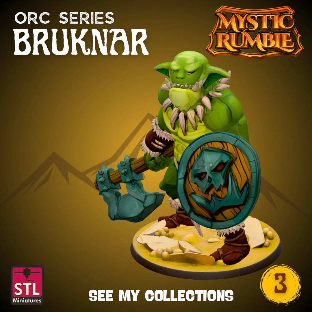 Mystic Rumble Orc III STL File Fantasy Orc Warrior with Axe and Shield 3D Print Miniature with 3D Print Model .c4d .max .obj .3ds .fbx .stl .blend 