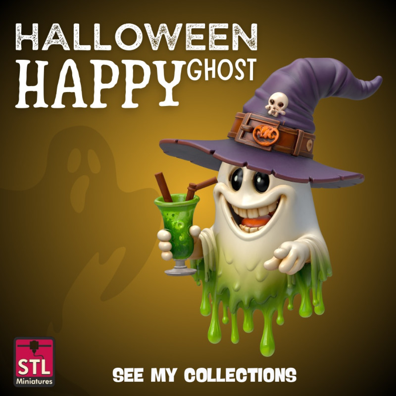 Happy Ghost with Witch Hat STL Halloween Cartoon Spirit with Drink 3D Printable Cute Model Model Cetak 3D .c4d .max .obj .3ds .fbx .stl .blend