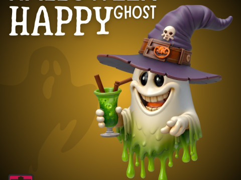 Happy Ghost with Witch Hat STL Halloween Cartoon Spirit with Drink 3D Printable Cute Model Modelo de impresión 3D