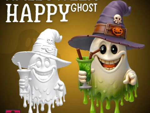 Happy Ghost with Witch Hat STL Halloween Cartoon Spirit with Drink 3D Printable Cute Model 3D Print Model
