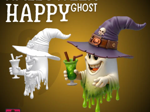Happy Ghost with Witch Hat STL Halloween Cartoon Spirit with Drink 3D Printable Cute Model 3D Print Model