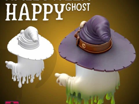 Happy Ghost with Witch Hat STL Halloween Cartoon Spirit with Drink 3D Printable Cute Model 3D Print Model