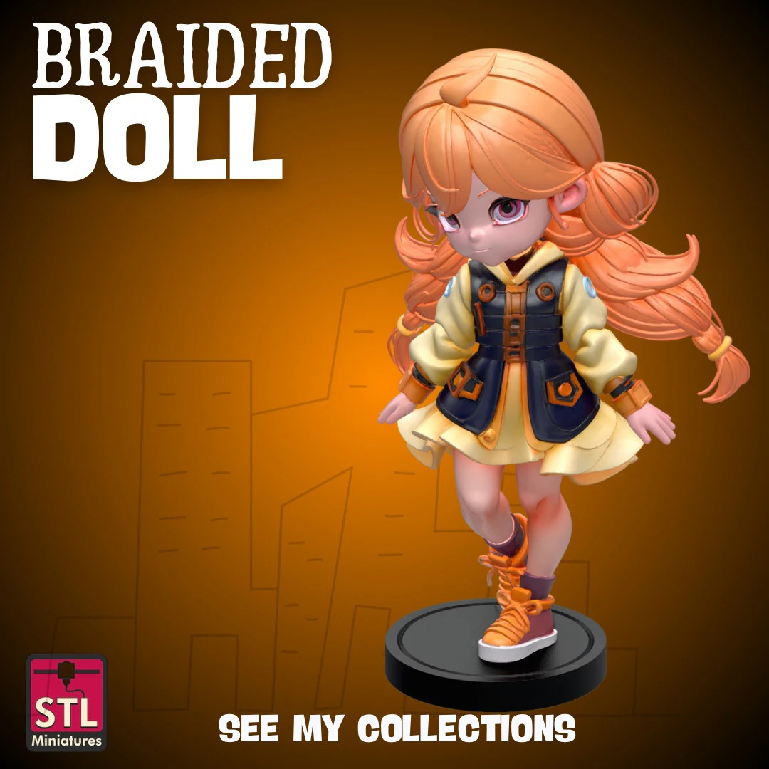 Trendy Red-Braided Doll STL Stylish Girl with Pop Dress and Sneakers 3D Print Model .c4d .max .obj .3ds .fbx .stl .blend 
