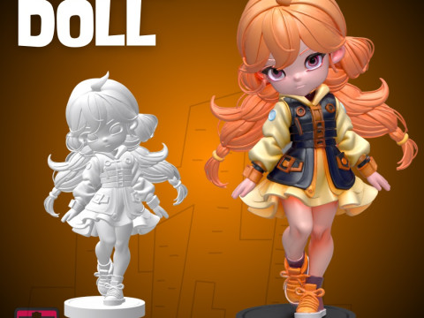 Trendy Red-Braided Doll STL Stylish Girl with Pop Dress and Sneakers 3D Print Model