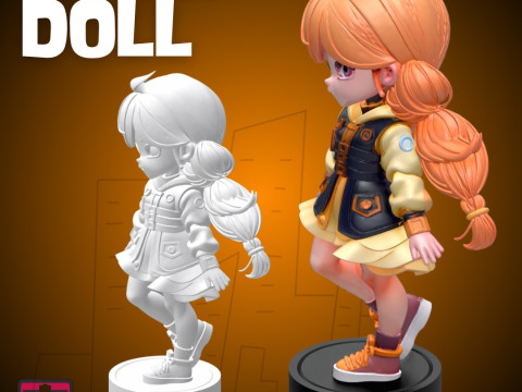 Trendy Red-Braided Doll STL Stylish Girl with Pop Dress and Sneakers 3D Print Model