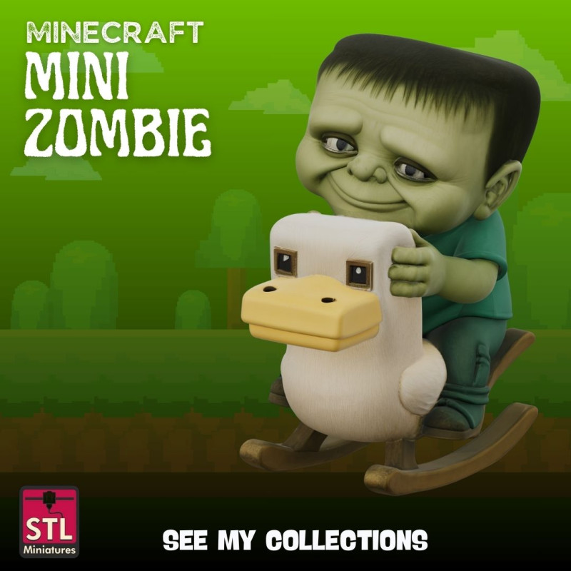 Minecraft Mini Zombie on Rocking Horse STL Inspired Design Modello di stampa 3D .c4d .max .obj .3ds .fbx .stl .blend