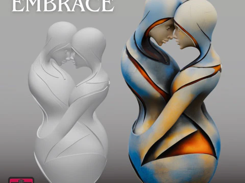Sisters Embrace STL Modern Stylized Sculpture 3D Print Model