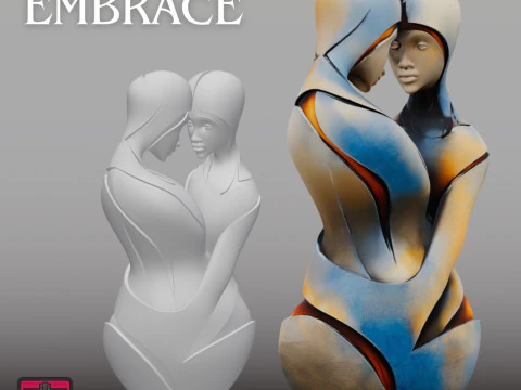 Sisters Embrace STL Modern Stylized Sculpture 3D Print Model