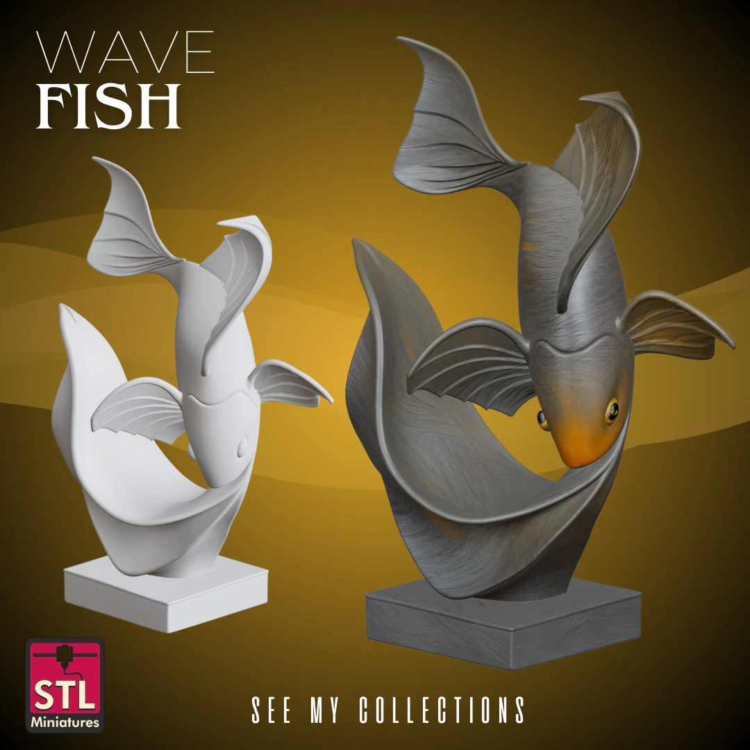 Japanese Fish and Wave Sculpture STL Modern Minimal Design 3D Print Model .c4d .max .obj .3ds .fbx .stl .blend 