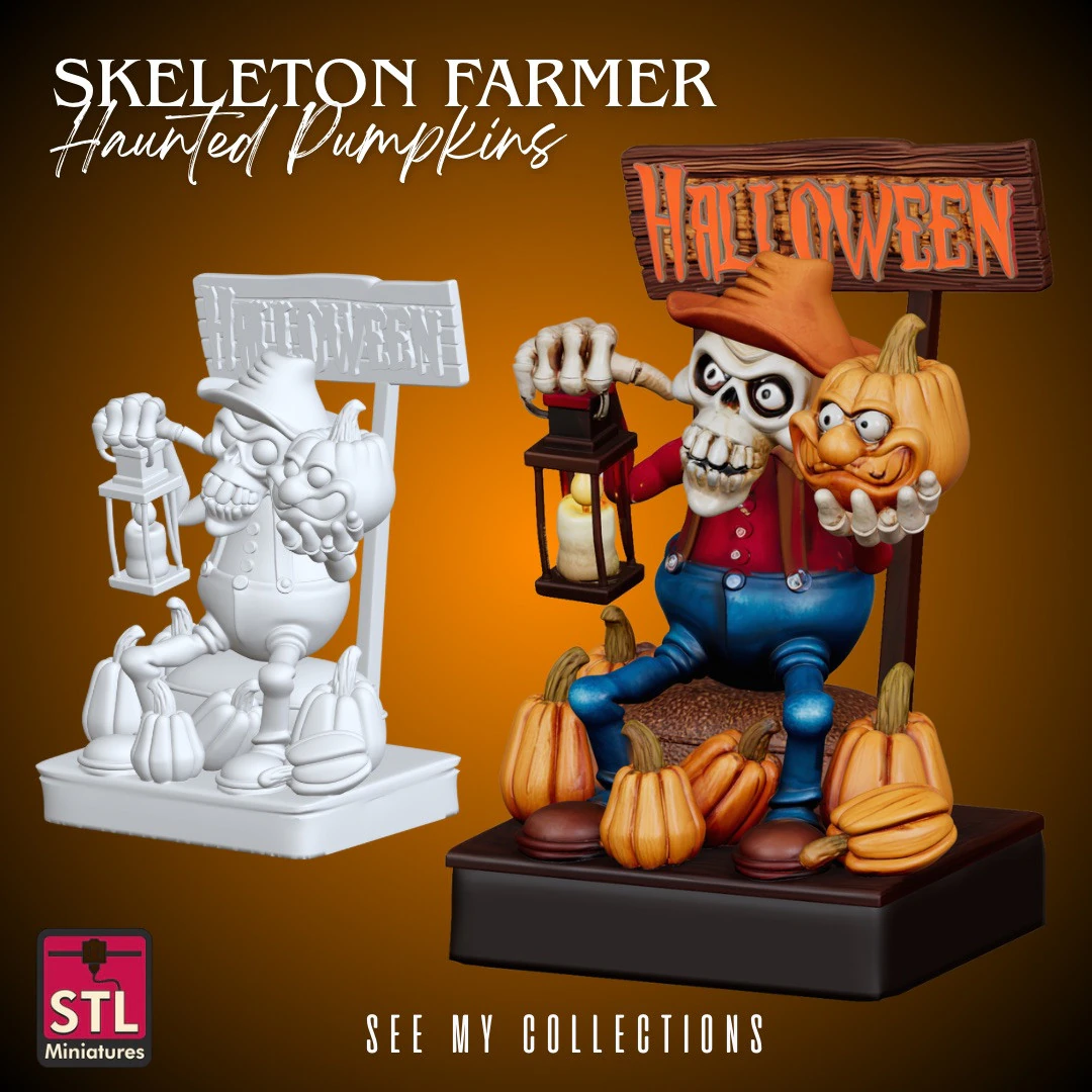 Skeleton Farmer with Haunted Pumpkins STL Halloween Collectible Sculpture 3D Print Model .c4d .max .obj .3ds .fbx .stl .blend 