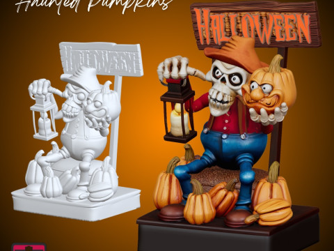 Skeleton Farmer with Haunted Pumpkins STL Halloween Collectible Sculpture 3D Print Model