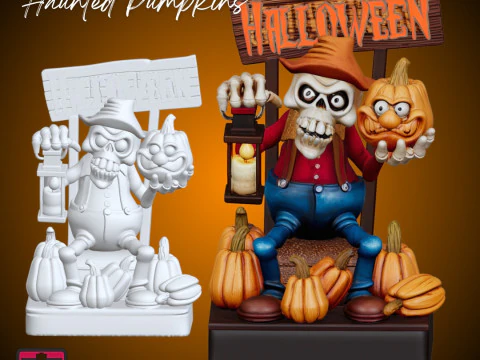 Skeleton Farmer with Haunted Pumpkins STL Halloween Collectible Sculpture 3D Print Model