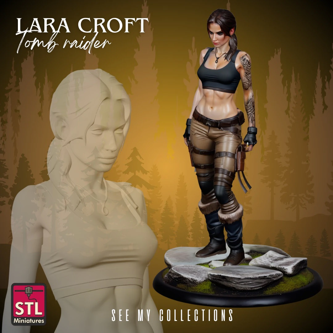 Lara Croft Inspired STL Adventurous Heroine Sculpture 3D Print Model .c4d .max .obj .3ds .fbx .stl .blend 