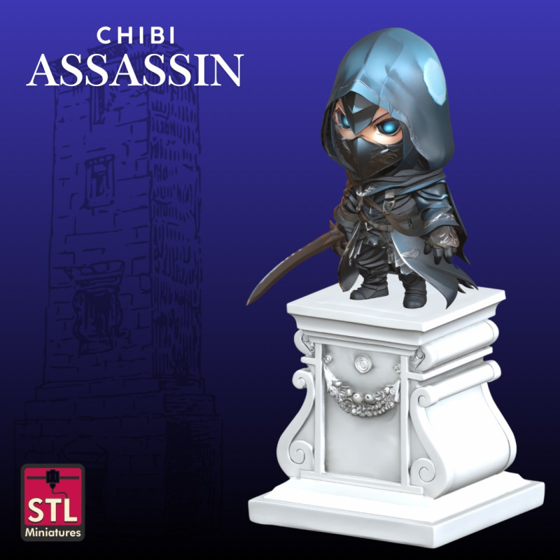Assassin Chibi on Column STL Stylized Collectible Model 3Dプリントモデル .c4d .max .obj .3ds .fbx .stl .blend 