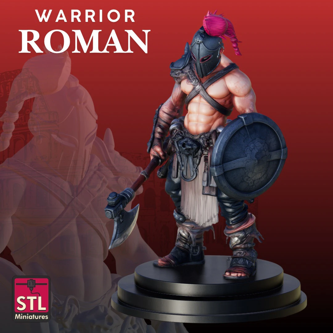 Roman Gladiator STL Warrior with Axe and Shield 3D Print Model .c4d .max .obj .3ds .fbx .stl .blend