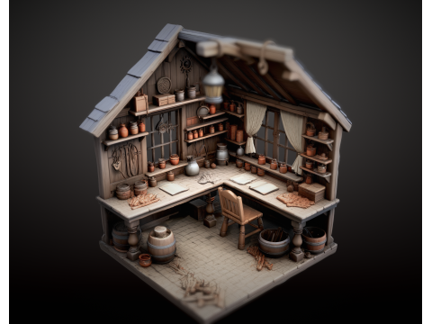 Poly Low ミニハウス STL オープンサイド 詳細ジオラマ 3D 3Dプリントモデル