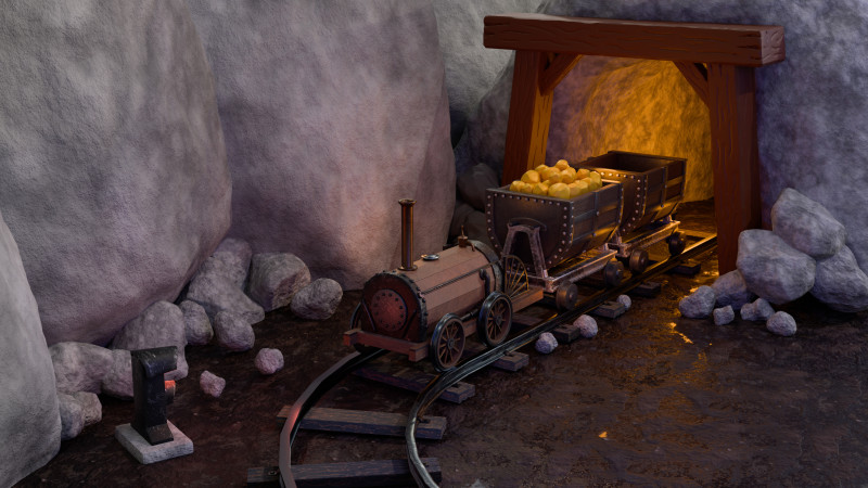 Locomotive is waiting to load gold in a mine 3D Model .c4d .max .obj .3ds .fbx .stl .blend 