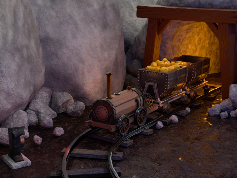 Locomotive is waiting to load gold in a mine 3D Model