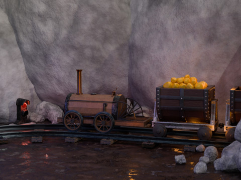 Locomotive is waiting to load gold in a mine 3D Model