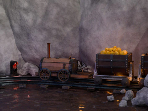 Locomotive is waiting to load gold in a mine 3D Model