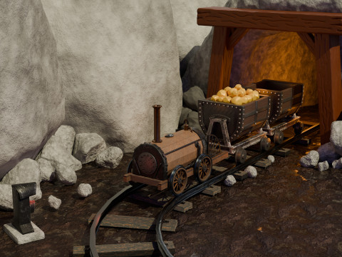 Locomotive is waiting to load gold in a mine 3D Model