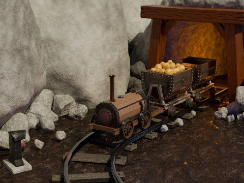 Locomotive is waiting to load gold in a mine 3D Model