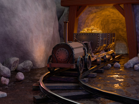 Locomotive is waiting to load gold in a mine 3D Model