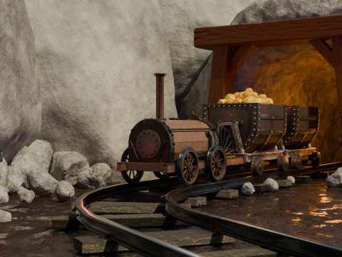 Locomotive is waiting to load gold in a mine 3D Model