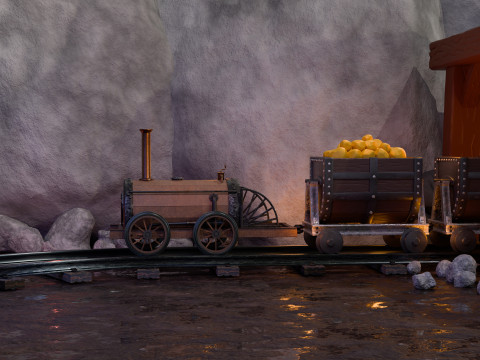 Locomotive is waiting to load gold in a mine 3D Model