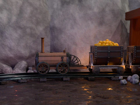Locomotive is waiting to load gold in a mine 3D Model