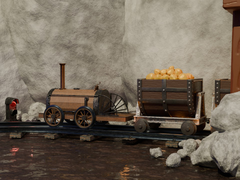 Locomotive is waiting to load gold in a mine 3D Model