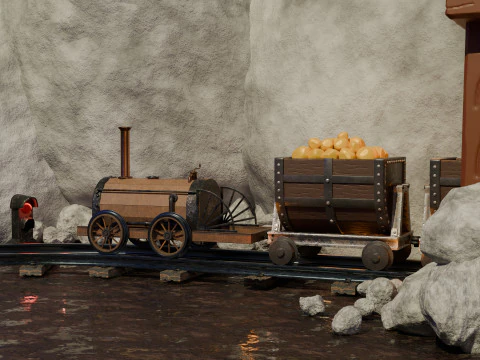 Locomotive is waiting to load gold in a mine 3D Model