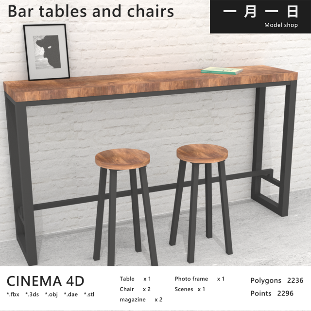 Bar tables and chairs 3D Model .c4d .max .obj .3ds .fbx .stl .blend 