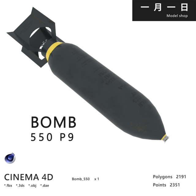 Bomb 550 World War II 3D Model .c4d .max .obj .3ds .fbx .stl .blend 
